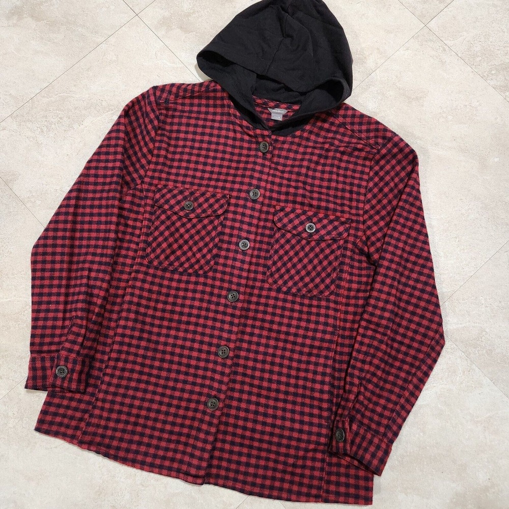 Eddie Bauer Womens M Medium Red Plaid Flannel Hoodie Hooded Shirt Jacket Shacket